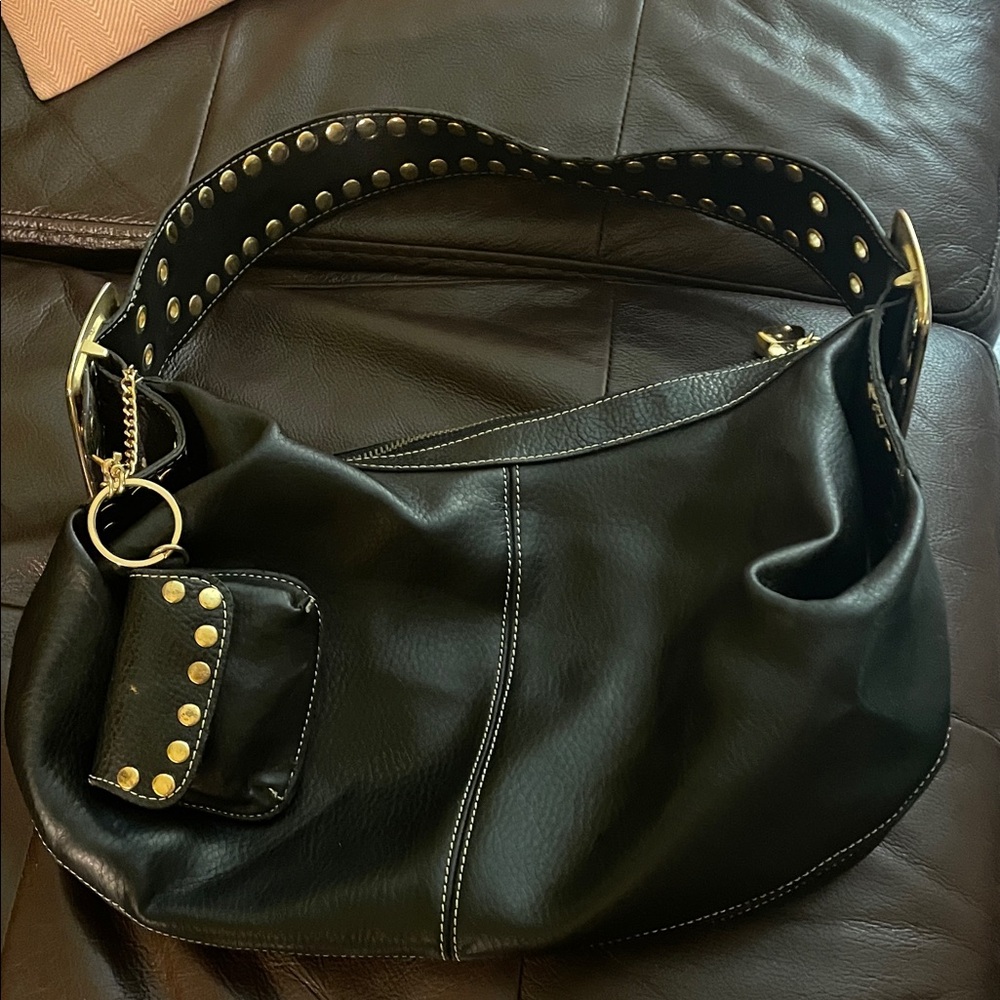 Kathy Van Zealand Vintage Y2K Black Faux Leather StuddedBag with Pouch Charm